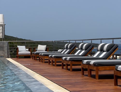 Sun lounger round a pool in Kefalonia, Greece